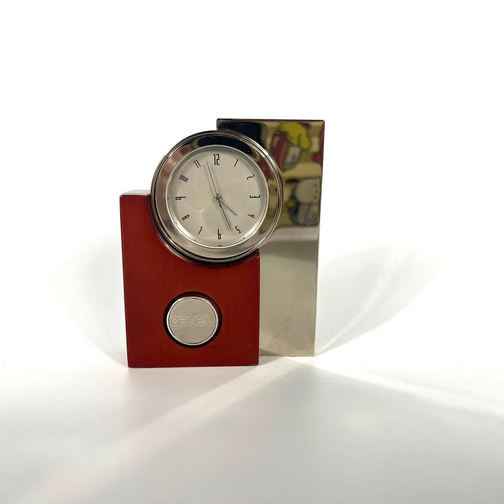 Vtg Genex Red Wood & Chrome Desk Clock Singapore Movement Silcon Electronics EUC